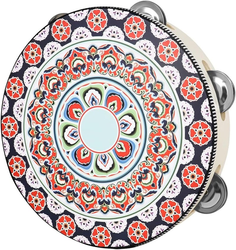 OriGlam 8 Inch Wood Tambourine, Handheld Drum with Metal Jingles, Red - Image 1